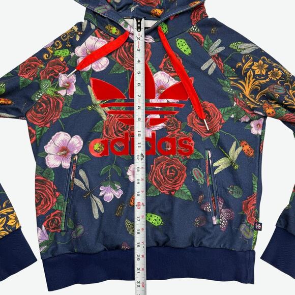 Adidas Rita Ora Hoodie Hoodie Womens Small Navy Floral Rose Trefoil Flocked - Picture 8 of 12